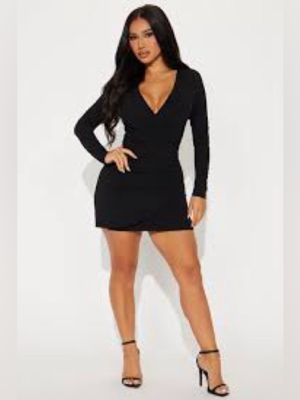Black Long-Sleeve V-Neck Bodycon Mini Dress